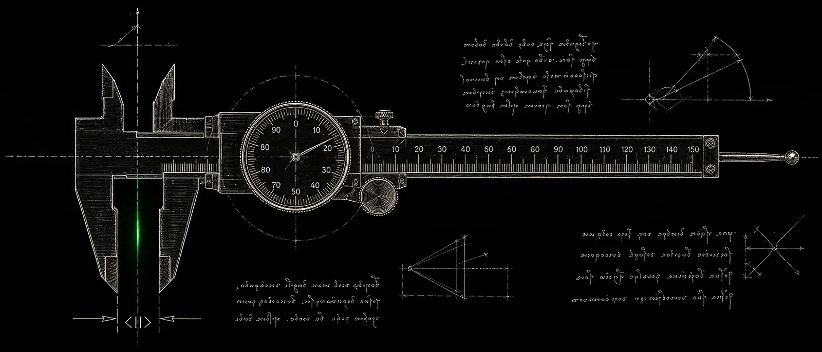 A drafted dial-gauge caliper, jaws open on a narrow gap that glows green.